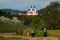 Bike tourists near Camaldolese Wigry monastery in Suwalki region, Poland