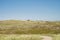 Bike trail trough heather and dunes, blue sky in Jutland, Denmark