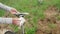 Bike washing. Man cleaning bicycle saddle with soap foam and washcloth. Bike wash