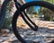 Bike Wheel. Mountain, ramp, trees and sky.