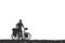 Bikepacking. Traveling man standing with touring bicycle with bags silhouette hand drawn