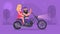 Biker and blonde girl ride motorcycle. Nature night background