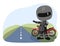 Biker cartoon. Child illustration. Hiking. Sports uniform and helmet. Cool motorcycle. Chopper bike. Funny motorcyclist