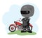 Biker cartoon. Child illustration. To stand. Sports uniform and helmet. Cool motorcycle. Chopper bike. Funny