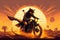 biker cat riding chopper through the desert, with the sun setting in the background