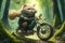 biker cat riding chopper through forest, with the wind in its fur