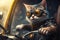 biker cat riding shotgun in classic car, wearing leather jacket and goggles