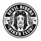 Biker club vector round emblem, logo, badge, label, sticker or print with devil girl head and spark plugs. Illustration