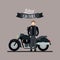 Biker culture poster with man and classic motorcycle with black fuel tank and thistle color background