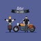 Biker culture poster with pair of men in classic motorcycles and purple color background