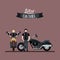 Biker culture poster with pair men in classic motorcycles and rosy brown color background
