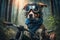 biker dog, with bandana and goggles, riding motorbike through forest