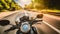 Biker driving a motorcycle rides along the asphalt road. First-person view. Generative AI