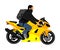 Biker driving a motorcycle rides along the asphalt road vector illustration. Freedom activity. Road travel by bike. Motorcycle.