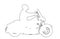 Biker driving a motorcycle rides on asphalt road vector line contour illustration. Freedom activity. Road travel by bike.