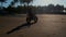 Biker driving by sand shore past bungalows and tropical trees