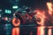 Biker on futuristic bike In Neon City in cyberpunk style. Generative AI