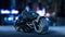 Biker girl with helmet riding a sci-fi bike, woman on black futuristic motorcycle in night city street, 3D render