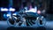 Biker girl with helmet riding a sci-fi bike, woman on black futuristic motorcycle in night city street, side view, 3D render