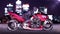 Biker girl with helmet riding a sci-fi bike, woman on red futuristic motorcycle in night city street, side view, 3D render