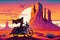 Biker girl riding a futuristic bike motorbike in monument valley background at sunset illustration generative ai