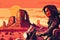 Biker girl riding a futuristic bike motorbike in monument valley background at sunset illustration generative ai