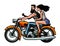 Biker with girl riding a retro motorcycle. Cartoon vector illustration