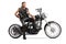 Biker holding a helmet and sitting on a custom chopper