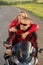 Biker man and woman sitting on a motorcycle