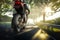 Biker with motorcycle on a country road