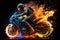 Biker on a motorcycle or motorbike on fire. Rider on a bike or chopper on flames creative concept. Ai generated