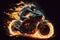 Biker on a motorcycle or motorbike on fire. Rider on a bike or chopper on flames creative concept. Ai generated