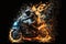 Biker on a motorcycle or motorbike on fire. Rider on a bike or chopper on flames creative concept. Ai generated