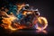 Biker on a motorcycle or motorbike on fire. Rider on a bike or chopper on flames creative concept. Ai generated