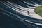 Biker with Mountain bike along Path in old racetrack, speedway parabolic in the Autodrome of Monza - Lombardy - Italy