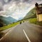 Biker race across mountainous village