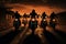 Bikers in motion silhouetted figures evoke the spirit of motorcycling