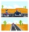 Bikers ride motorcycle vector illustration set, cartoon motorcyclist people riding motorbikes on asphalt road in desert