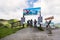 Bikers stand on start of downhill X-line trail, Saalbach-Hinterglemm, Austria