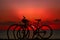 Bikes on beach, sunset sky background