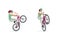 Bikes Jumping Ramps. A girl on a bicycle trains a rack, turns and jumps on a bicycle ramp. Bicycle jumping ramp. Exercise.