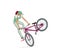 Bikes Jumping Ramps. A girl on a bicycle trains a rack, turns and jumps on a bicycle ramp. Bicycle jumping ramp. Exercise.