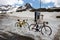 Bikes parked on the Gavia pass, an alpine pass of the Southern Rhaetian Alps, marking the