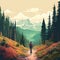 Biking Illustration: Hiking In The Woods With Mountain Backdrop