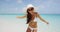 Bikini beach woman happy smiling laughing energetic with fresh energy