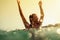 bikini girl swim sea waves splash vintage tone