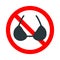 Bikinis not allowed, red forbidden sign with women's bra dress icon on white background