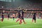 BILBAO, SPAIN - AUGUST 28: Ivan Rakitic, Luis Suarez, Arda Turan and Denis Suarez celebrating a goal at the Spanish League match m