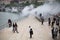 Bilbao, Spain - May 17, 2017: people walking and sightseeing city of bilbao in water smoke attraction animation by museum guggenhe