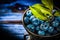 Bilberries green leaves in metal bowl on grunge wood board